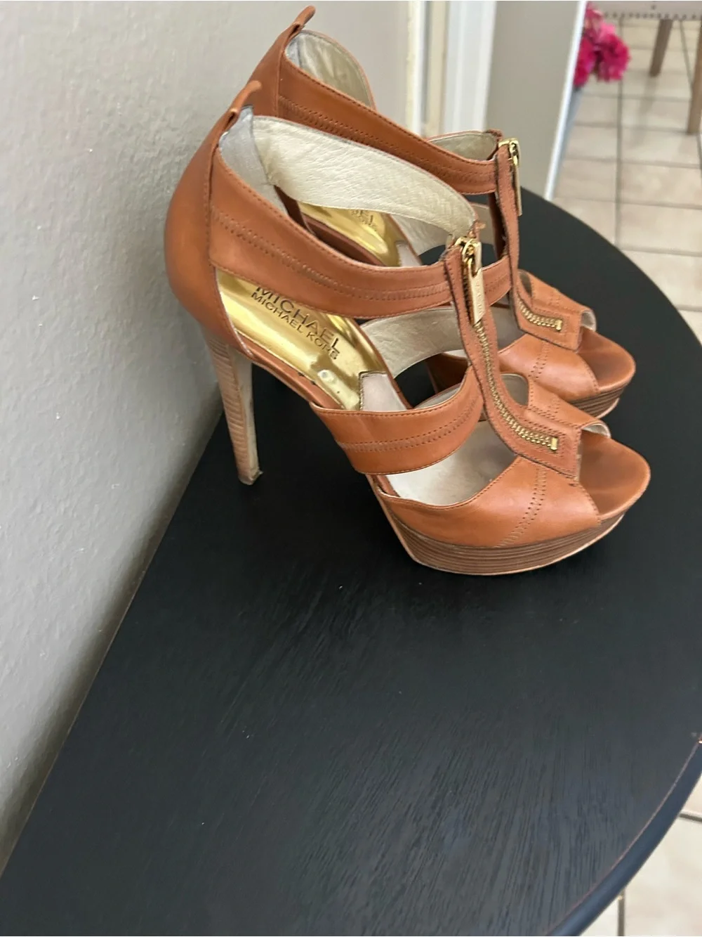 MICHAEL Michael Kors Brown Leather Zip-Front Platform Heels